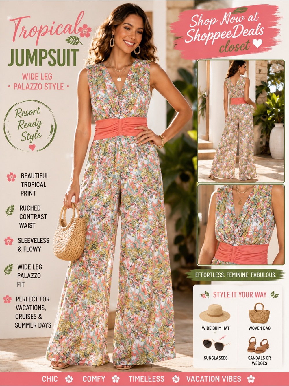 Tropical Floral Wide-Leg Palazzo Jumpsuit with Ruched Waist